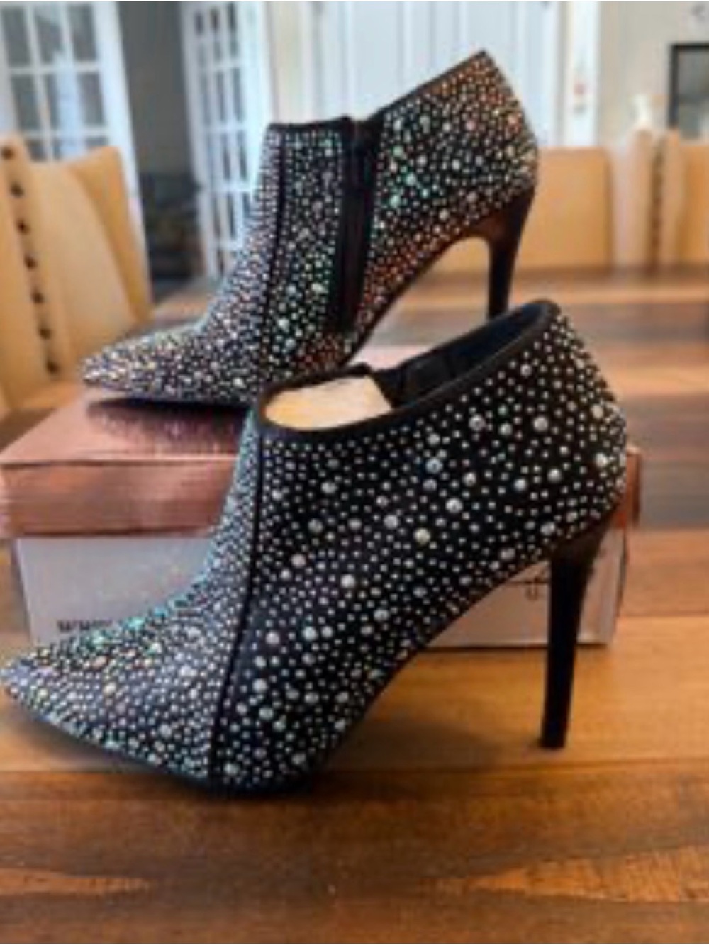 Black Crystal-Detail Stiletto Ankle Booties
